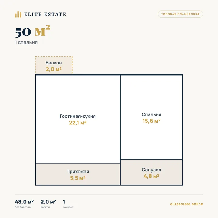 Планировка квартиры 50 м² — 1 спальня